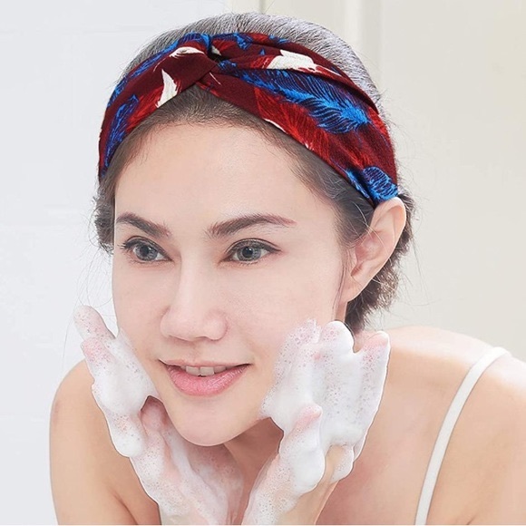 Red & Blue Feather Pattern Elastic Twist Front Headband - Picture 3 of 8